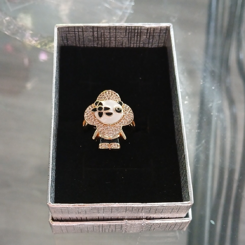 Stainless Steel Gold and White Panda Ring
